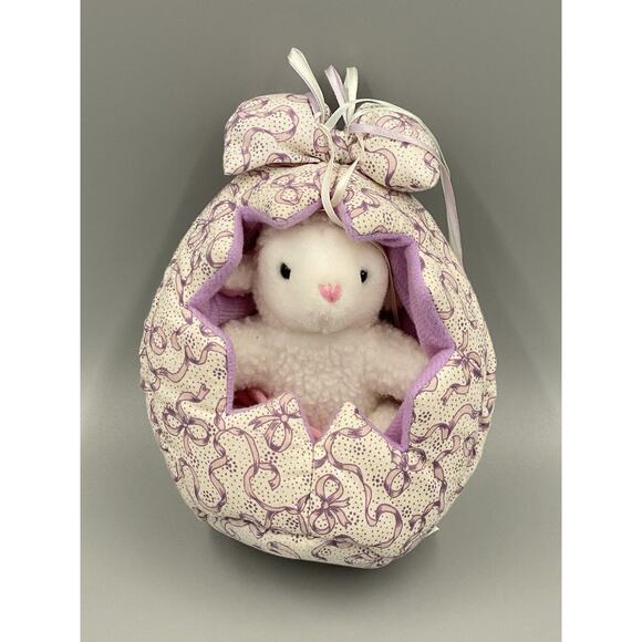 Small 5” Baby Lamb Sheep W/ Pink Diaper Plush In 7” Cloth Egg Shaped W/ Bow - Picture 1 of 8